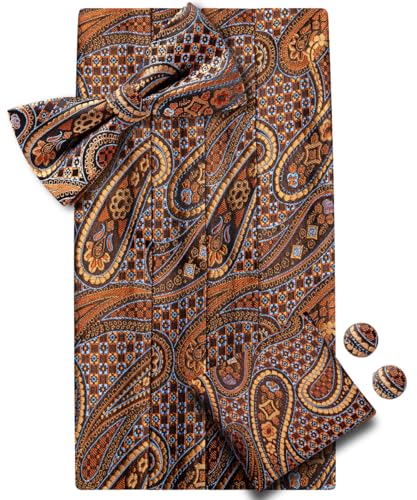 Image of Dubulle Mens Cummerbund and Bow Tie Set Paisley Floral Pretied Bowties for Men Pocket Square Cufflinks Wedding Business