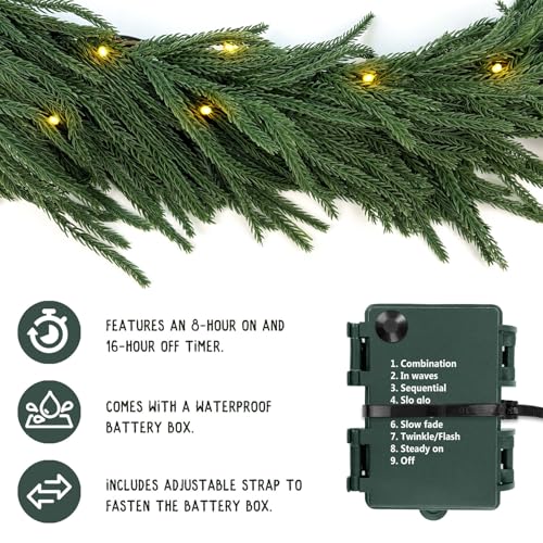 6ft Christmas Garland with Lights, Norfolk Pine Garland, Realistic | Green Garlands for Mantle, Stair Railing, Battery Operated Indoor/Outdoor New Year Holiday Decoration with Timer - image 6
