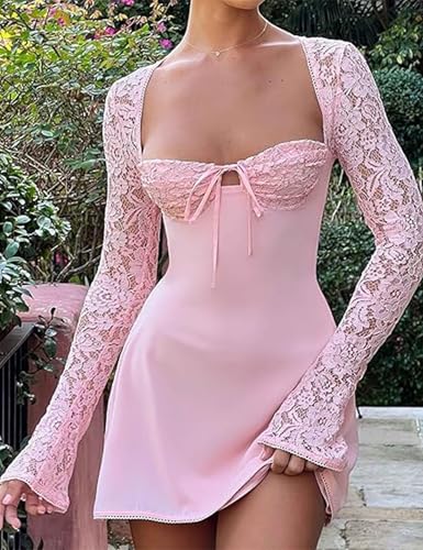 Image of Women 's Elegant Bodycon Dress Lace Patchwork Long Sleeve Low Cut Mini Dress Backless Tie-up Going Out Dress