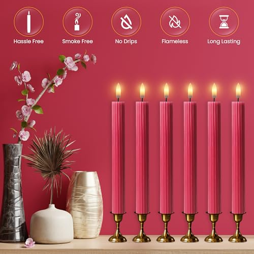 Image of 10 inch Fluted LED Pink Grooved Pillar Candles with 2 Remotes & 24h Timer Memory, On /Off Switch - Flameless Dimmable Battery Operated w /Flicker Mode, Home Wedding Decor (12 Pack)