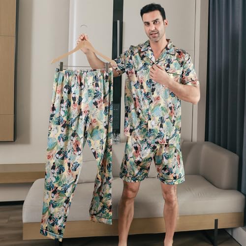 Men's Satin Pajama Set Short Sleeve Silky Pajamas Pants 3PCS Button Down Sleepwear Multicolor Silky Men's Pajama Set3