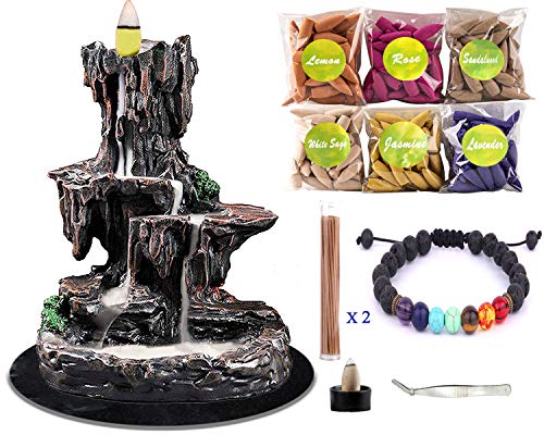 Incense Burner Backflow Incense Burner Incense Waterfall Burner Waterfall Incense Burner With 150 Upgraded Backflow Incense Cones,60 Incense Sticks,Chakra Bracelet,Tweezer,Incense Holder,Fireproof Mat