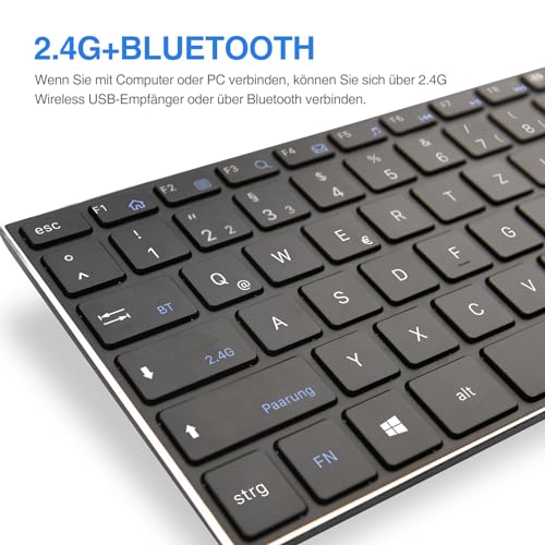 Rii Kabellose Tastatur mit Touchpad, Wireless Keyboard, Deutsche QWERTZ-Layout, Tastatur Kabellos für Laptops, Desktops, Smart-TVs, Tablets, Schwarz (2.4G+BT) – Bild 3