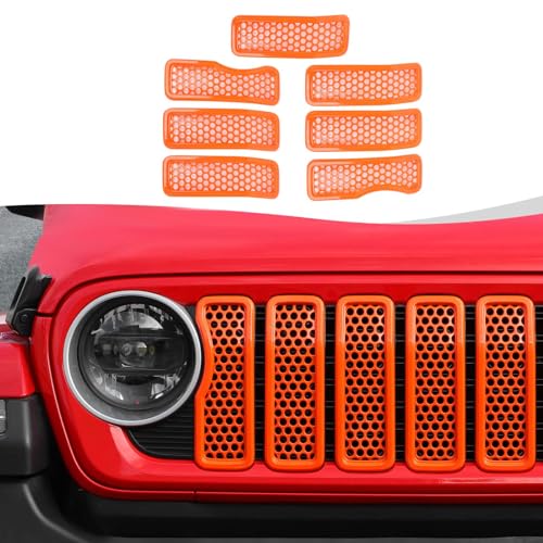 Image of Front Grill Insert Mesh Grille Inserts Cover Kit 7Pcs Compatible with 2024-2025+ Jeep Wrangler JL JLU & Gladiator JT Exterior Accessories (Orange)