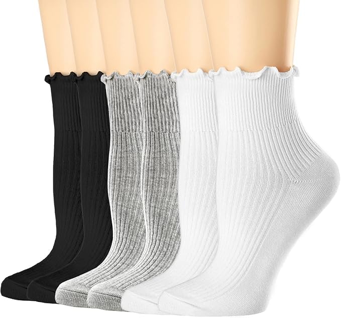 bropapa Damen Rüschen Socken,Elegante Socken mit Spitze Rand, Atmungsaktive Baumwolle Knöchel Socken, Bequem für Frauen, 6-Pack