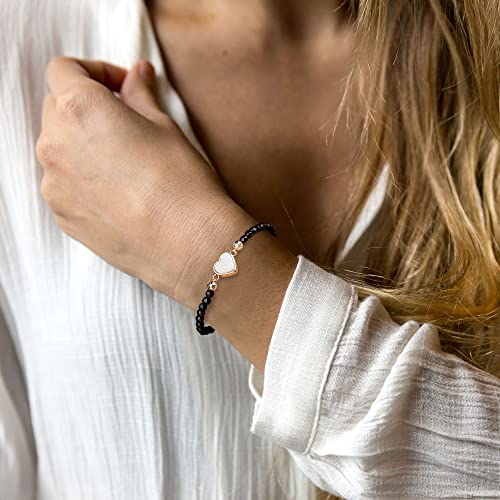 Top Plaza Womens Girls 4Mm Beads Black Tourmaline Chakra Healing Crystal Bracelet Gold Lava Rock Stone Adjustable Bracelets With Heart Shape Druzy Charm #TOP3