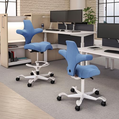 Image of HAG Capisco Adjustable Sit to Stand Desk Chair - White Frame - Light Wash Blue Polyester Seat - with Footring