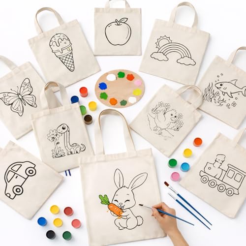 Image of (Pack of 10)- DIY Eco-Friendly Canvas Tote Bags for Kids- Pre-Outlined Designs for Painting | Perfect Return Gift for Kids Birthday Party | Reusable Cotton Bags (Includes Paint and Brush) Brand: Generic (Design-2 with Paint and Brush)