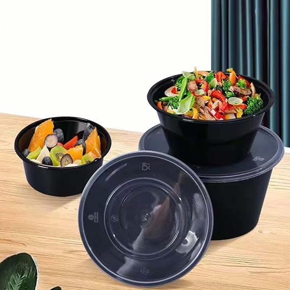 Image of [500 ml, 25 Count, Round, Black Reusable Plastic Food Storage Containers with Lid | Airtight, Microwave Safe Containers | Perfect for Meal Prep, Storage, Takeaway & Food Delivery