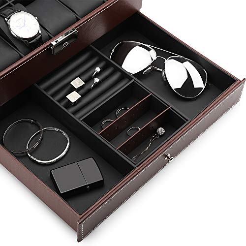 Watch Case, 12 Slots PU Leather Box Organizer with Jewelry Drawer for Storage and Display, Brown - Thumbnail 3