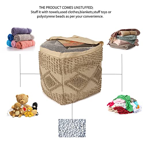 · Redearth · Unstuffed Boho Pouf Ottoman Cover Textured Storage Cube Footrest, Square Poof, Pouffe Footrest For Living Room, Bedroom, Nursery, Kidsroom; 100% Cotton (20"X20"X20"; Taupe) #TOP3
