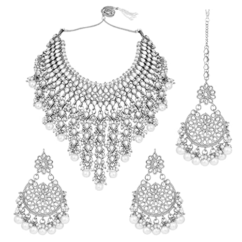 Aheli Elegant Indian Wedding Wear Faux Kundan Studded Choker Necklace with Maang Tikka Set Ethnic Fashion Jewelry for Women (Rhodium White Kundan & Pearl Drop)