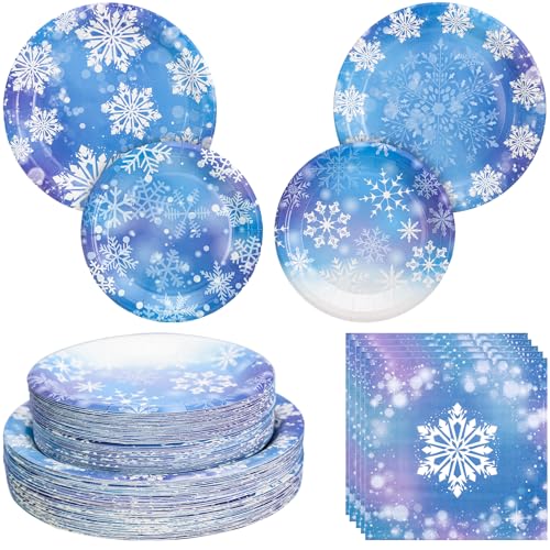 180PCS Winter Snowflake Party Supplies Blue and Purple Snowflake Paper Plates and Napkins Set Winter Wonderland Disposable Tableware for Frozen Christmas Holiday Birthday Party Supplies Decorations