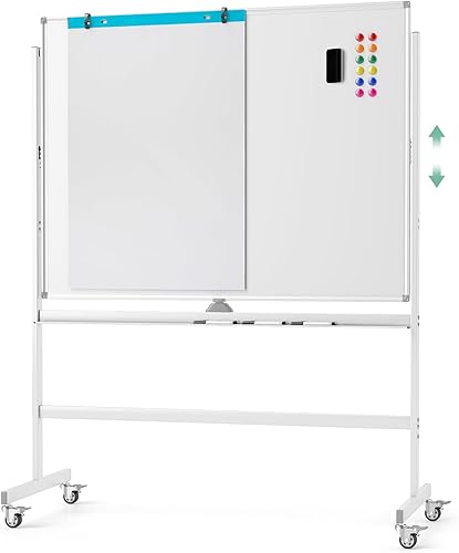 Miniatura 10 de Goplus Pizarra blanca móvil, 48 x 32 pulgadas de altura ajustable en seco, pizarra blanca magnética con soporte redondo estable, clips de papel y