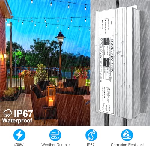 Image of LightingWill LED Driver 400 Watts Waterproof IP67 Power Supply Transformer, 90-140V AC to 12V DC Low Voltage Output, Adapter with 3-Prong Plug 3.3 Feet Cable for Outdoor Use, Computer Project
