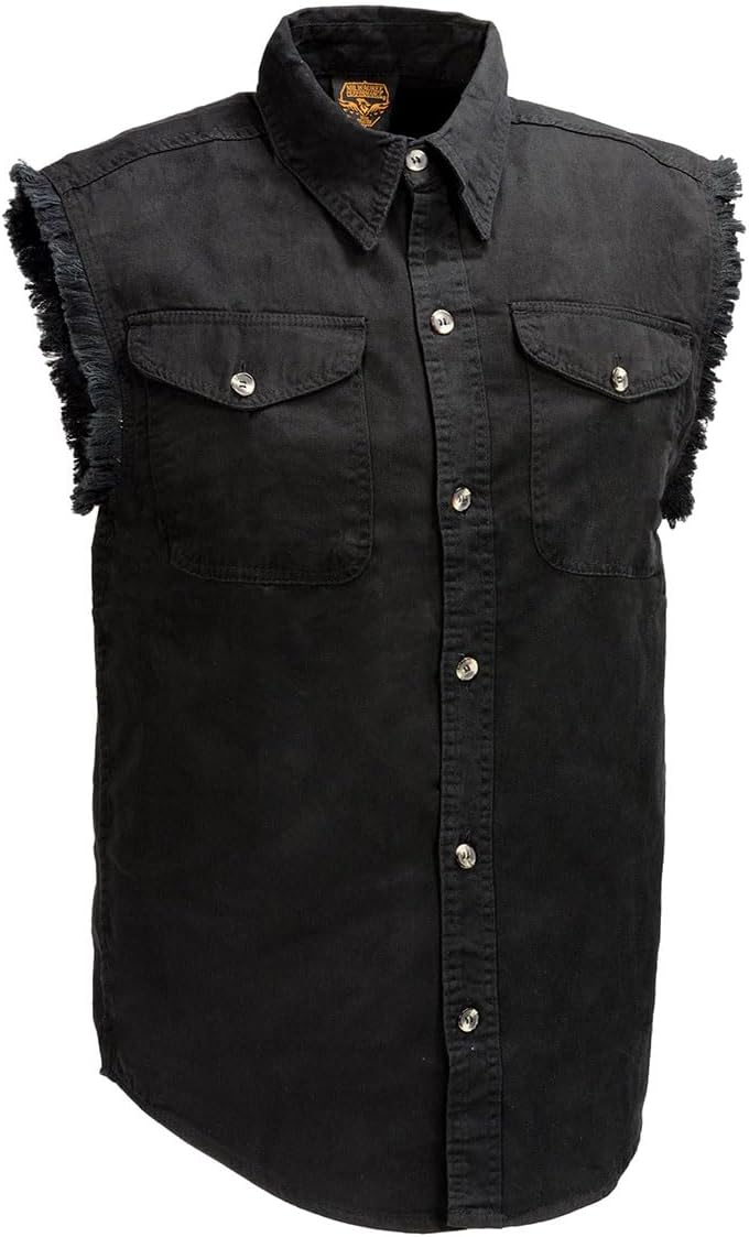 Milwaukee Leather DM1002 Men's Black Lightweight Denim Shirt with Frayed Cut Off Sleeveless - Small