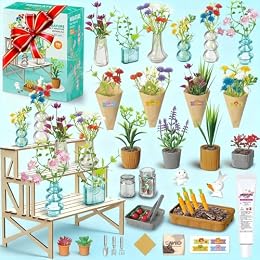70 Pcs Make It Miniature Brands Nature Garden Plants Set with Wood Display Stand, Mini Botanical Collectibles, Paper Flower Bouquet DIY Craft Kit, Mini Greenhouse Toy Gift for Kids and Adults (Brown)