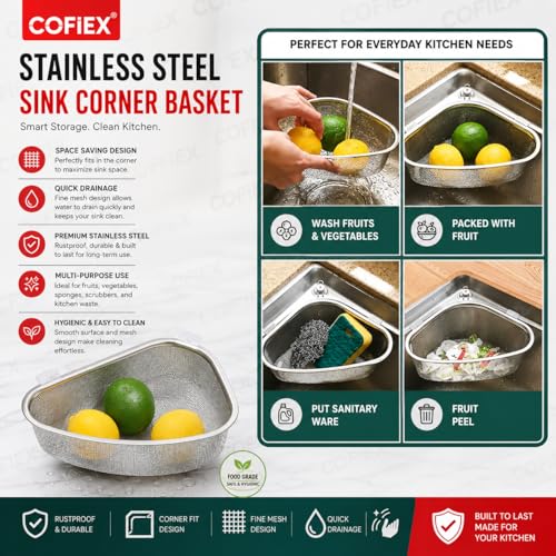 Image of Stainless Steel Sink Corner Strainer Triangle Drainer Basket & Shelf Organizer - Rust-Resistant Corner Rack for Kitchen Sink, Multi-Use Soap, Sponge, Fruit & Vegetable Holder