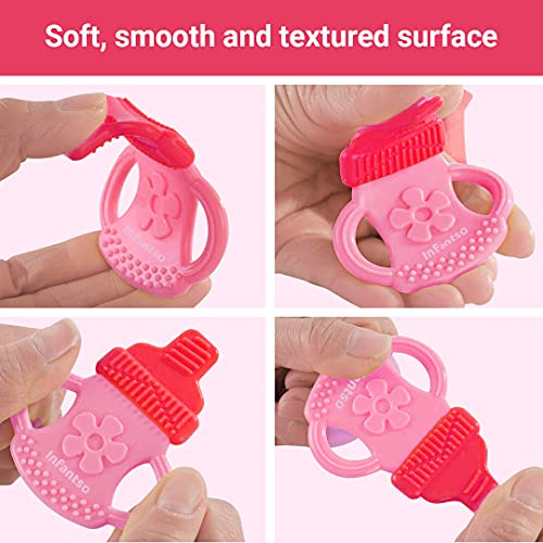 Image of Infantso Non-Toxic Food-Grade Soft Silicone Baby Teether, BPA-Free for Pain-Relief Easy Teething, for 2+ Months Babies (Pink Bottle)