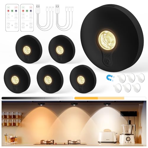 Image of Yiliaw Rechargeable Puck Lights with Remote, Magnetic Under Cabinet Lighting, 1500mAh Battery Operated LED Lights for Kitchen, Closet, Shelf - 3 Color Temps, Black, 6 Pack