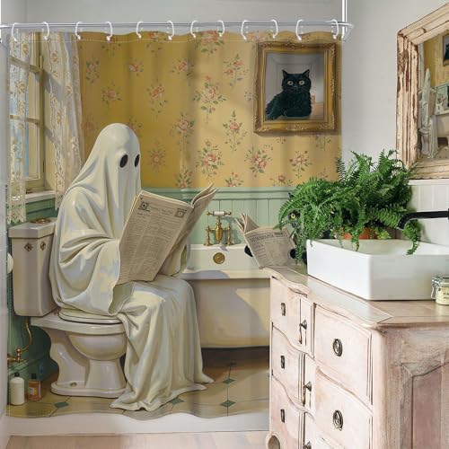 Image of Halloween Shower Curtain Funny Ghost Black Cat 60Wx72H Inch Decor