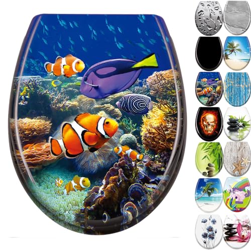 JNGLGO Copriwater sedile WC con abbassamento automatico, antibatterico, con coperchio, ovale, in Duroplast per una facile pulizia, mondo subacqueo