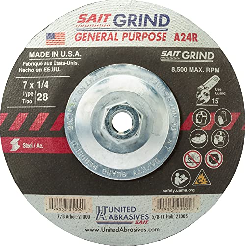 United Abrasives SAIT 21005 7x1/4x5/8-11 A24R Long Life Super Lock Hub Type 28 Grinding Wheels, 10 Pack