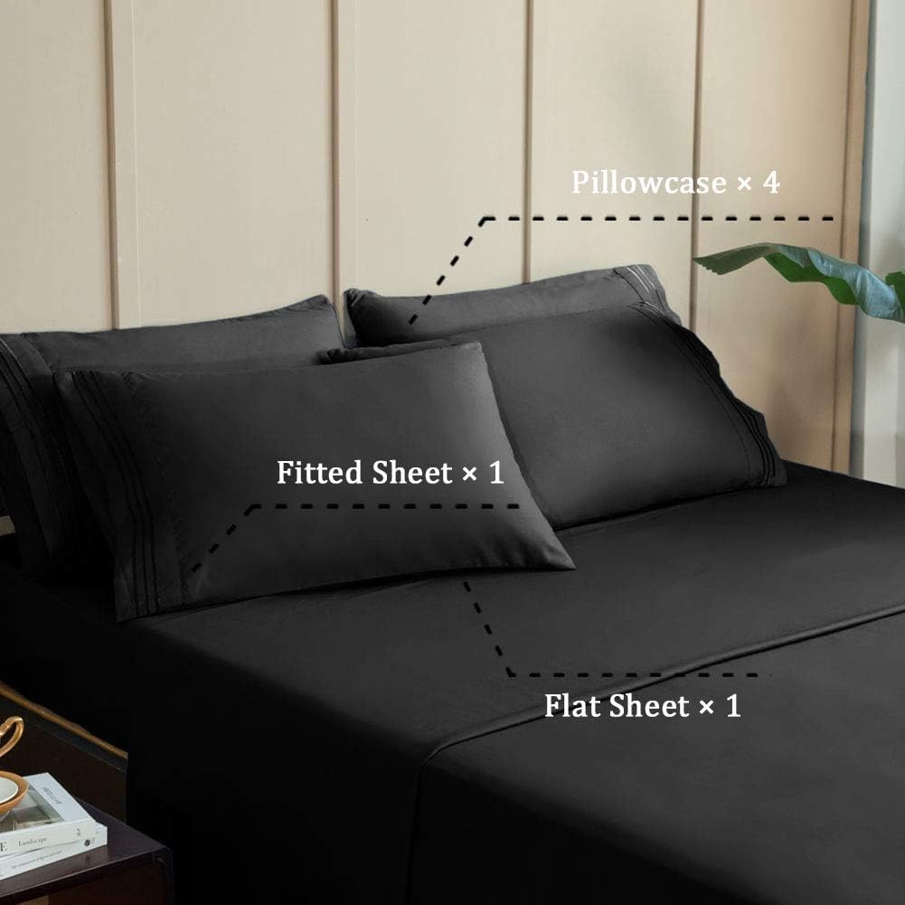 SONORO KATE Bed Sheet Set Super Soft Microfiber 1700 Thread Count Luxury Egyptian Sheets 16-Inch Deep Pocket，Wrinkle-4 Piece(Black, Full)