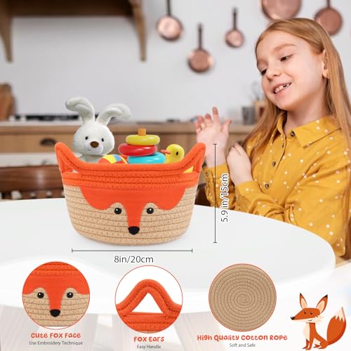 Image of Small Storage Basket, Cute Fox Animal Gift Basket for Nursery | Woven Rope Cotton Storage,Soft Baby Towel 0rganizer with Ears Handles, Caddy Blanket Towel Decor Storage Bin,8.2 inchD x 4.7 inchH in