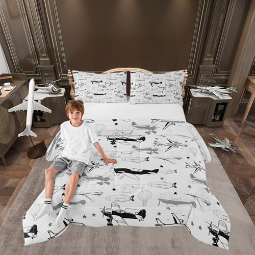 Castle Fairy Boys Airplane Twin Size Comforter Set,Kids Aircraft Decor All Season Bedding Set,Teens Black White Comforter,Children Modern Airplane Decor Quilt Set Bedroom Collection 2Pcs