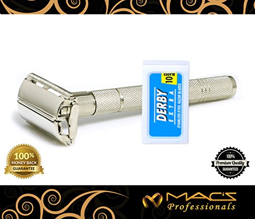 Macs Deluxe Double Edge Safety Razor-Butterfly Safety-Shaving Razor +10 Derby Long Lasting Platinum-Chrome Super Sharp Stainless Steel Blades in Box, This is the Best Shaving Razor of Your Life-2057BF