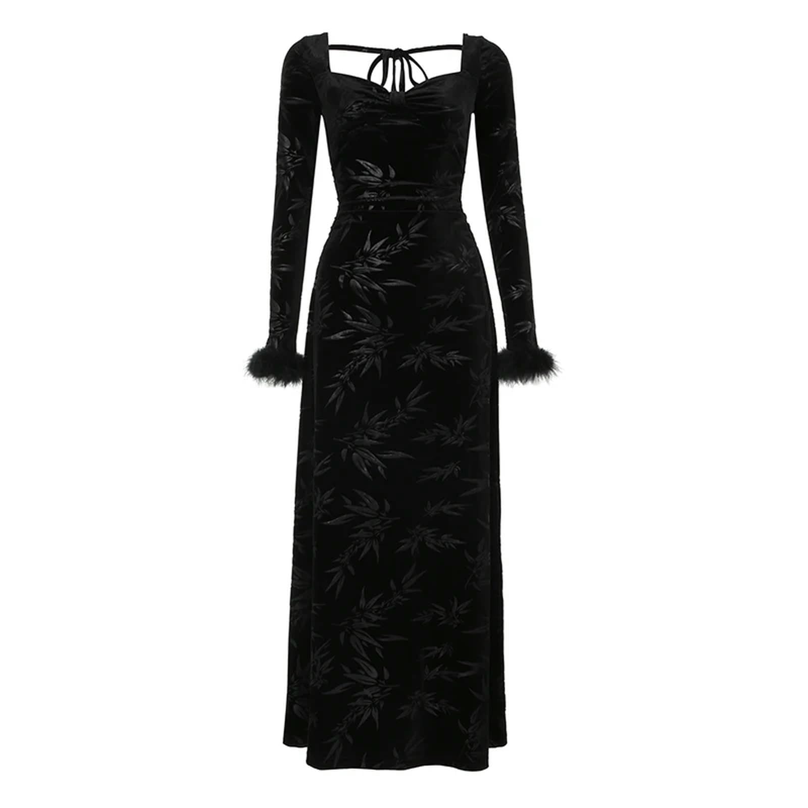 Robe de soirée noire en jacquard et velours pour femme | Élégance hivernale en coupe A-line