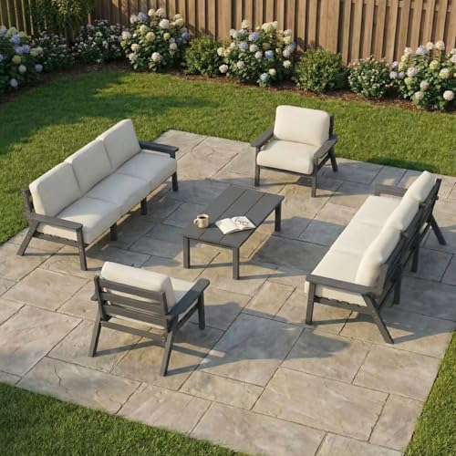 Kingdura HDPE Patio Furniture Set, 9 Piece Outdoor Sectional Sofa with Coffee Table, All Weather Outdoor Couch Conversation Set with Washable Cushions for Backyard Poolside Balcony