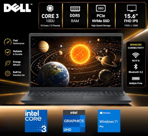 Image of Dell Pro 15 Essential 15.6 inch FHD 120Hz Laptop, Intel Core 3 100U 6-Core, 16GB DDR5 RAM, 512GB SSD, USB-C, HDMI, SD Card Reader, Wi-Fi 6, Windows 11 Pro, Carbon Black, Business Laptop