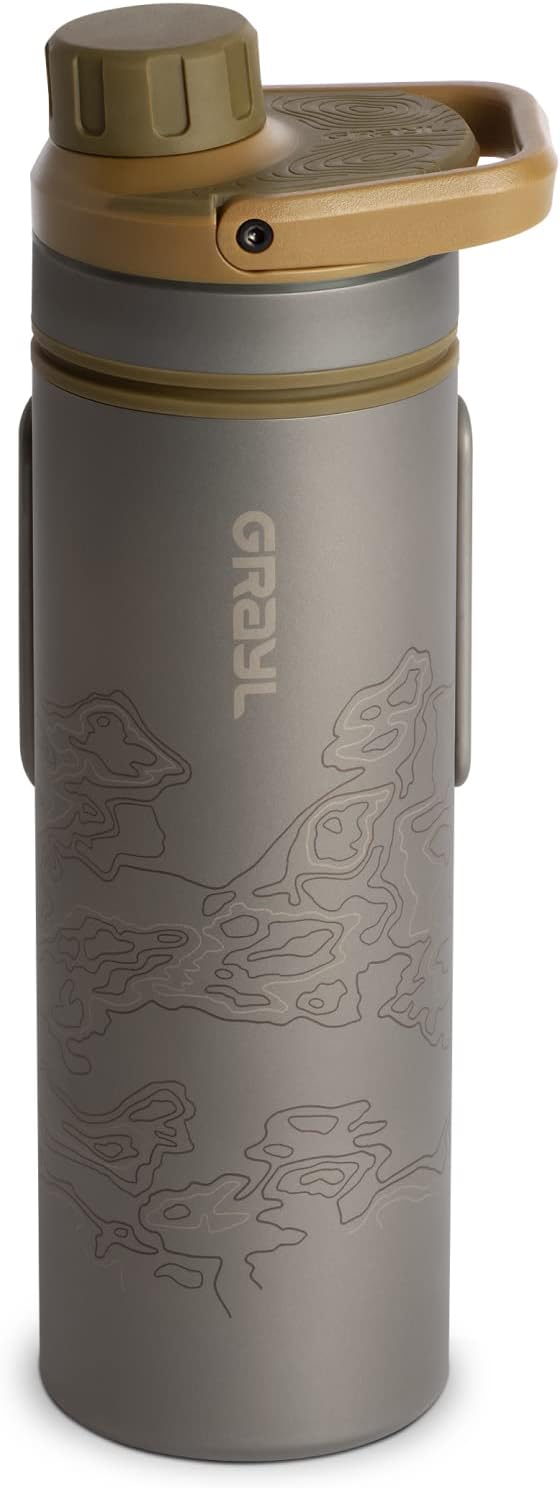 GRAYL UltraPress Titanium 16.9 oz Water Purifier Bottle in Coyote Brown for hiking and survival.