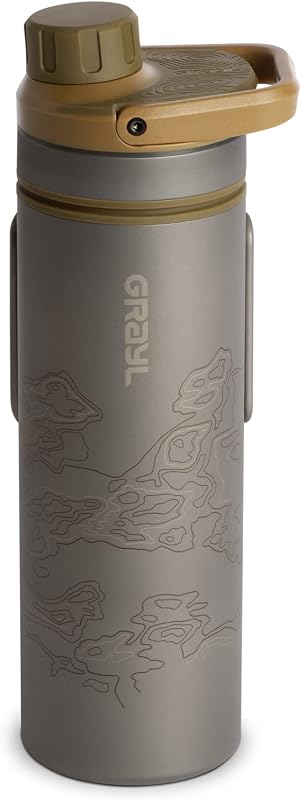 GRAYL UltraPress Titanium 16.9 oz Water Purifier Bottle in Coyote Brown for hiking and survival.