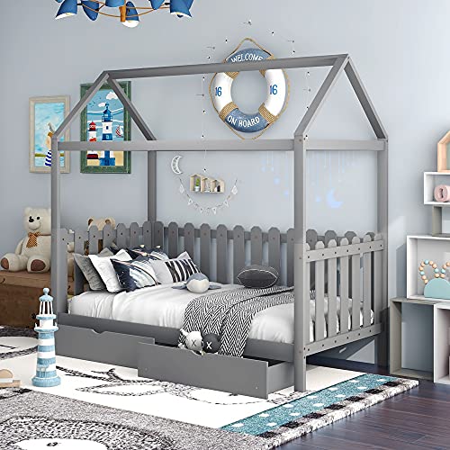 LZ LEISURE ZONE Twin House Bed with Drawers, Twin Size Daybed Frame, Wood House Bed for Kids/Teens, No Box Spring Needed (Gray, Twin House Bed with Drawers)