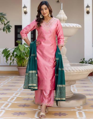 Image of SKYLEE Silk Blend Embroidery and Sequins Work, Weaving, Lace Straight Kurta Set with Dupatta
