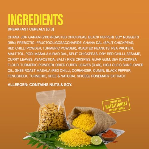 Image of PHAB Protein Bhel Bar - Podi Curry Leaf Flavour | Roasted Snack with South Indian Spice Blend | 10g Protein, <150 Cal, Gluten-Free, No Palm Oil | (Pack of 6x35g)