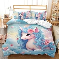 AILONEN Girls Unicorn Duvet Cover Set Twin Size, Cute Kids Bedding Set, Beautiful Rainbow Unicorn Comforter Cover Set 3 Pieces, 1 Quilt Cover and 2 Pillowcases