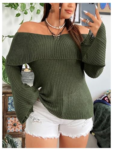 Image of MakeMeChic Women's Plus Size Off Shoulder Flounce Sleeve Sweater Loose Knit Pullover Tops Army Green 3XL