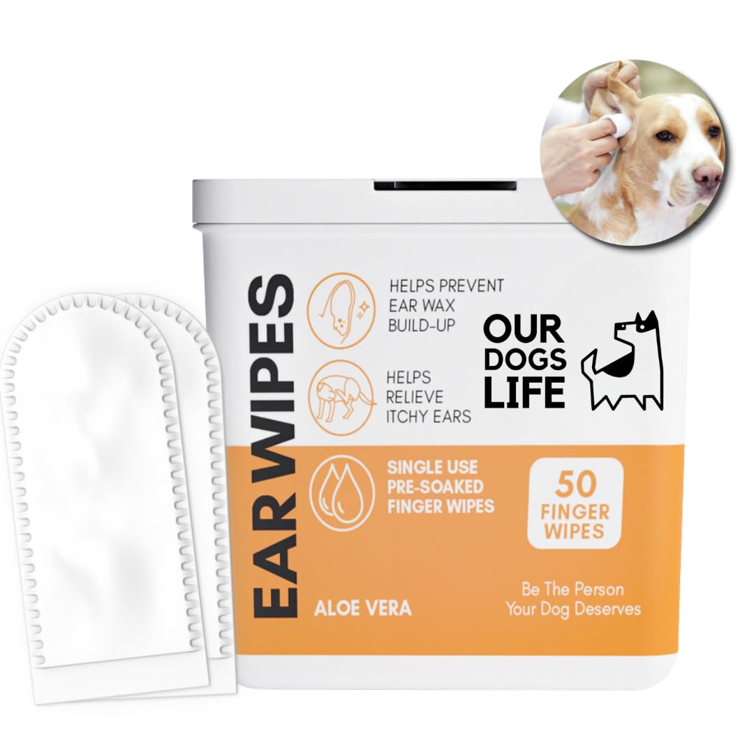 Dog Ear Wipes | Soft, Quick & Easy Ear Wipes for Dogs | Remove Wax, Dirt & Stop Smelly, Itchy Dog Ears | 50 Soothing Aloe Vera Dog Ear Cleaning Finger Wipes! (Ear Wipes)
