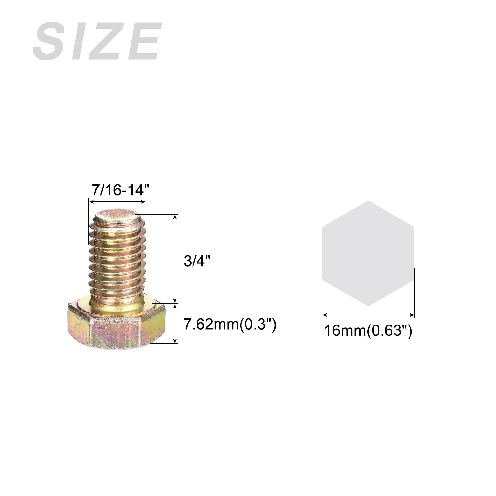 METALLIXITY Hex Bolts (7/16-14x3/4") 5Pcs, Carbon Steel Zinc Plated Fully Threaded, Coarse Thread UNC Hex Head Screw Bolt - for Furniture Repair, Yellow - Image 2