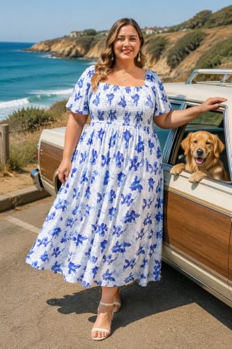 Image of RITERA Plus Size Dresses for Curvy Women Square Neck Short Sleeve Summer Floral Smocked Maxi Dress with Pocket XL-5XL