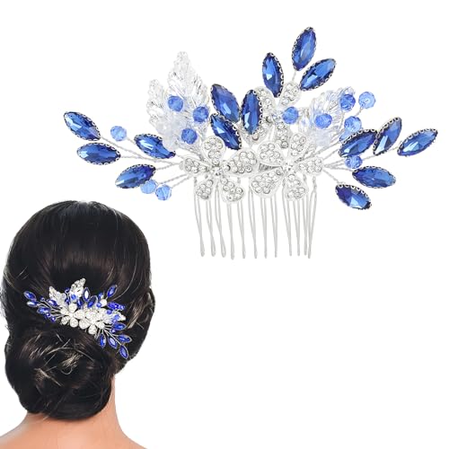 Flayem Peine para el pelo de novia con diamantes de imitación azules, hecho a mano, accesorios para el pelo de flores de cristal para mujeres, novias y damas de honor