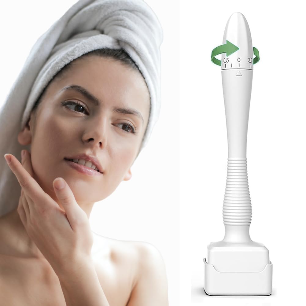 Adjustable Microneedling Derma Stamp, 140 Titanium Pins Reusable Microneedle pen, Derma Roller Alternative with Needle Cover, Skin Care Tools for Face Body, Hair Beard Growth