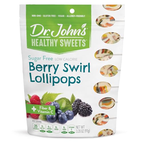 Dr. John's Healthy Sweets Berry Swirl Lollipops with Zero Sugar, Dye-Free, Plant Based, Keto Friendly, 10 Count, 3.2oz Bag