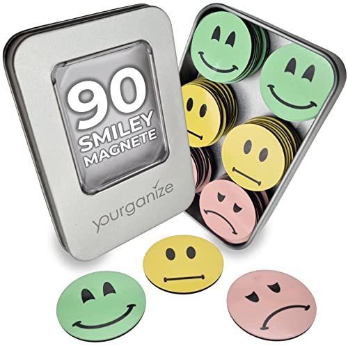 YOURGANIZE® Lot de 90 aimants Smiley - 30 mm - Aimants Smiley - Tableau de récompense pour enfants - Système de récompense pour enseignants