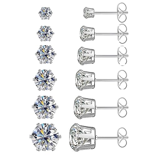 6 Pairs Cubic Zirconia Stud Earrings Set Surgical Steel Hypoallergenic 316L Stainless Steel Earrings for Women Men Contain 3,4,5,6,7,8mm
