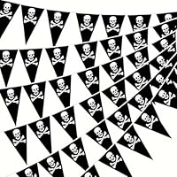 SiumPklay 10M Pirate Skull Crossbones Pennant Bunting - 20 Black & White Triangle Flags for Pirate Party Decorations, Halloween, and Themed Events